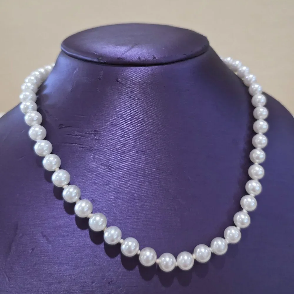 Vintage 7mm Heavy White Faux Pearl Silver Asian Design 925 Clasp 18